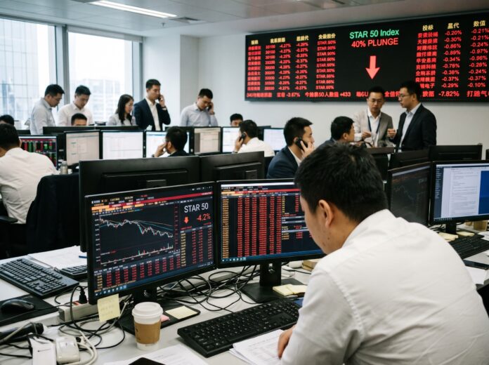 Financial traders monitor falling stock prices on digital screens during the brutal China tech plunge.