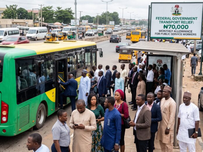 Nigerian public service workers waiting to board a bus next to a government signboard announcing the Tinubu 70,000 transport allowance.