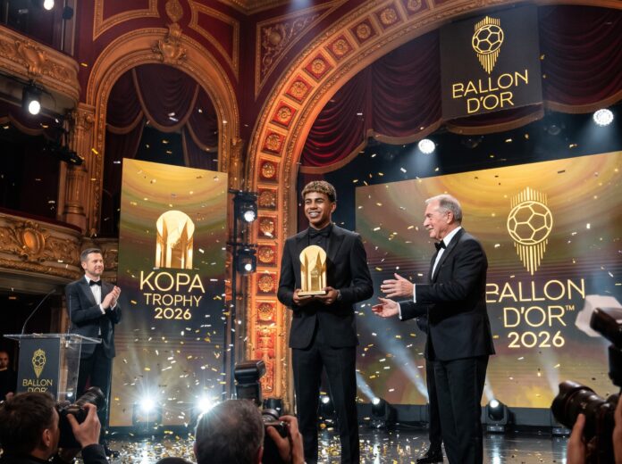 Barcelona teenage phenom Lamine Yamal proudly holding his golden award on stage during the Lamine Yamal Kopa Trophy presentation ceremony.