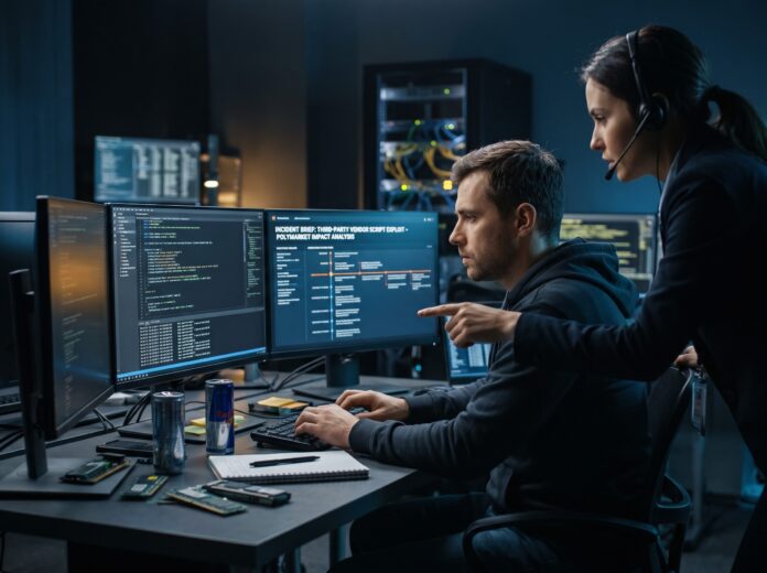 Cybersecurity professionals urgently investigating the Polymarket security exploit on multiple computer screens in a dark server room.