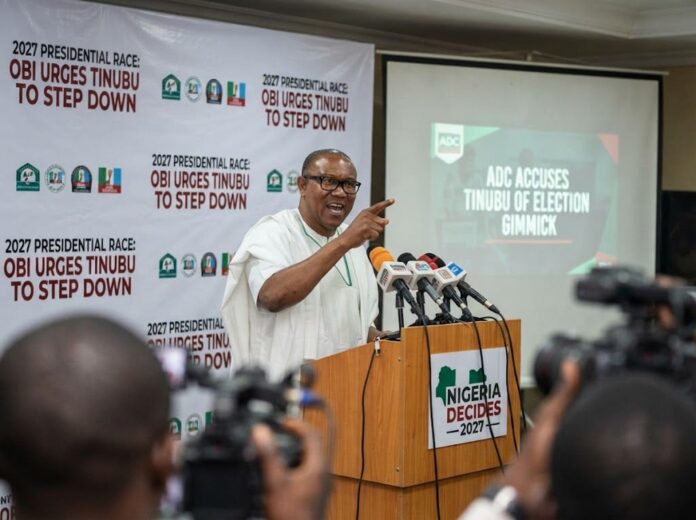 Nigerian politician Peter Obi speaking at a press conference regarding the 2027 presidential race and governance challenges.