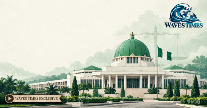 Illustration of Nigeria’s National Assembly representing the state police reform debate