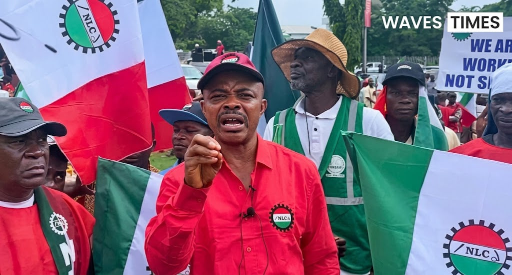 NLC Demands Petrol Price Cut and New Minimum Wage Negotiations Nigeria Labour Congress leadership addressing the media as the NLC demands petrol price cut and a new minimum wage