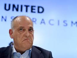 images (21) Real Madrid demands Javier Tebas resignation as the La Liga president appears visibly grim and tense at a press conference.