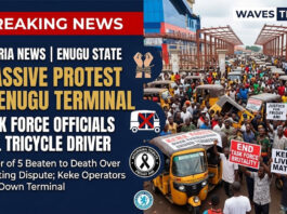 Tricycle operators staging a massive protest in Enugu terminal after a driver was killed by revenue task force officials